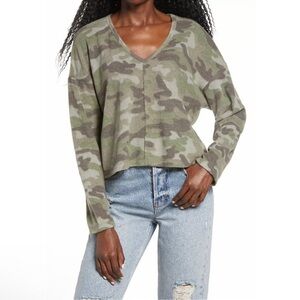 NEW La La Land XS Camo V Neck Fleece Long Sleeve Crop Top Buttery Soft Y2K